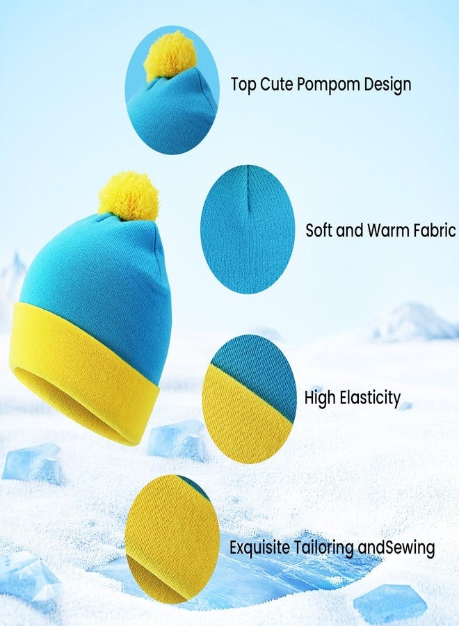 FONYFA Halloween Character Cosplay Headwear and Gloves,Cartman Knit Pom Beanie Hat, Halloween Custume Winter Hat Set for Adult (blue and yellow) - Image 3